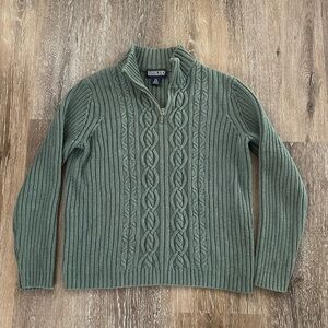 Vintage Lands' End Green Zip-Up Cable Knit Sweater